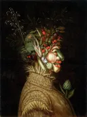 Allegorical Portrait- 'Summer van Giuseppe Arcimboldo: portret met kop van groenten, fruit, aren en zomer, in warm groen en rood