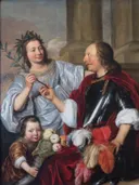 Allegorisch familieportret van Jan de Bray: portret met familie, mannen en vrouwen