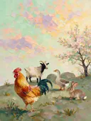 Allerlei dieren bij bloesem, schilderij met verschillende dieren