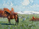 Allerlei dieren in de sneeuw, schilderij met verschillende dieren
