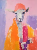 Alpaca in een kleurrijke jas, dieren schilderij