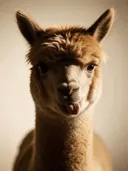 Studiofoto van alpaca met de tong uit in crème, tegen een achtergrond in crème