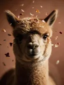 Studiofoto van alpaca met dwarrelende blaadjes in terracotta, tegen een achtergrond in terracotta