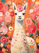 Illustratie van een witte alpaca met een roos tussen felroze en rode bloemen op oranje achtergrond.