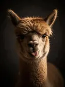 Studiofoto van alpaca steekt zijn tong uit in diepzwart, tegen een achtergrond in diepzwart