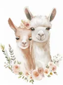 Illustratie van twee alpaca's met bloemen, kinderkamer schilderij