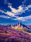 Landschapsschilderij, alpenweide onder de toppen in bloei