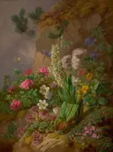 Alpine Flowers van Joseph Schuster: bloemen met alpenbloemen, rots, boeket en bladeren, in groen, roze en geel