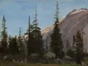 Alpine Landscape: The Handegg, Switzerland van Jean-Leon Gerome: landschap met bergen, dennen, rotsen en Alpen, in helder blauw en groen
