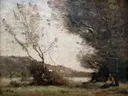 Am Fluss Nationalgalerie Prag anagoria van Jean-Baptiste-Camille Corot: landschap met rivier, bomen, water en oever, in zilvergrijs en groen