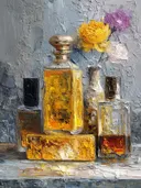 Schilderij van amberkleurige parfumflacons met gele en paarse bloemen