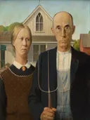 American Gothic van Grant Wood: portret met boer, hooivork, vrouw en houten huis, in bruin en wit