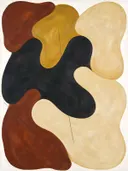 Amoebevlekken in de stijl Organic Geometry, in diep roest, mosterdgeel en romige crème, met een diepzwart accent