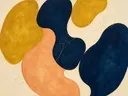 Amoebevlekken in de stijl Organic Geometry, in mosterdgeel, warm perzik en dieper marineblauw, met romige crème