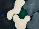 Amoebevlekken in de stijl Organic Geometry, in houtskool, leigrijs en gebroken wit, met een fel smaragdgroen accent