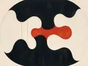 Amoebevlekken in de stijl Organic Geometry, in inktzwart en beenderwit, met één baan vermiljoen