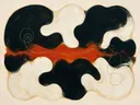 Amoebevlekken in de stijl Organic Geometry, in inktzwart en beenderwit, met één baan vermiljoen