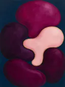 Amoebevlekken in de stijl Organic Geometry, in aubergine, diep magenta en zacht blos, met een dunne gouden lijn
