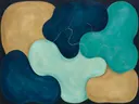 Amoebevlekken in de stijl Organic Geometry, in diep zeeblauw, turkoois en bleek aqua, met warm zand
