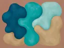 Amoebevlekken in de stijl Organic Geometry, in diep zeeblauw, turkoois en bleek aqua, met warm zand