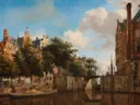 Amsterdam City View with Houses on the Herengracht and the old Haarlemmersluis van Jan van der Heyden: stad met gracht, huizen, sluis en schepen, in warm baksteenrood met blauw