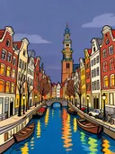 Amsterdam, Damrak in cartoonstijl, schilderij van Amsterdam