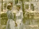 Amsterdam Household Maids van Isaac Israels: figuren met dienstmeisjes, vrouwen, gracht en stad, in gedempt groen en wit