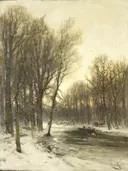 An Afternoon view of Snowy Woods van Louis Apol: landschap met winter, sneeuw, bos en laan, in licht grijs en wit
