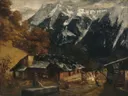 An Alpine Scene van Gustave Courbet: landschap met bergen, chalet, herfst en sneeuwtoppen, in warm oker en grijsblauw