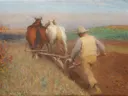 An Autumn Morning, Ploughing (1897) van George Clausen: landschap met ploegen, paarden, boer en akker, in gedempt geelgroen