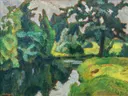 An der Wümme 1922 van Otto Modersohn: landschap met bomen, weide, zomer en gras, in helder groen en blauw