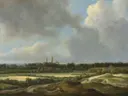 An extensive landscape with grain fields, Heemstede beyond van Jacob van Ruisdael: landschap met korenvelden, vergezicht, wolken en weiland, in gedempt grijsgroen