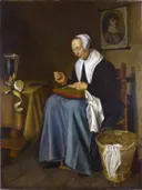 An Old Woman seated sewing van Johannes van der Aeck: interieur met oude vrouw, naaien, stoel en mand, in bruin, blauw en wit