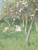 An orchard in May (1885) van George Clausen: landschap met boomgaard, bloesem, lente en gras, in licht groen en wit