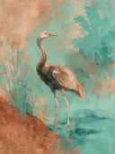 Kraanvogel in terracotta en turquoise met goud, schilderij