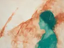 Vrouw in terracotta en turquoise, schilderij