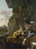 (and workshop) Jagdstillleben mit Rohrdommel und Hund van Jan Weenix: stilleven met vogel, hond, jachtbuit en tuinvaas, in gedempt grijsbruin
