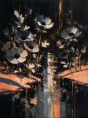 Schilderij van anemoon aan de oever in antracietkoraal, in vlakke kleurvlakken