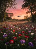 Landschapsfoto van anemoon bij de zonsondergang, met een helikopter boven de horizon