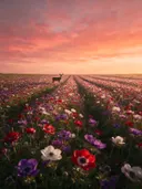 Landschapsfoto van anemoon bij de zonsondergang, met een hert