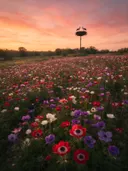 Landschapsfoto van anemoon bij de zonsondergang, met ooievaars in hun nest