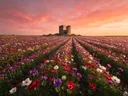 Landschapsfoto van anemoon bij de zonsondergang, met de ruïne van een oude toren