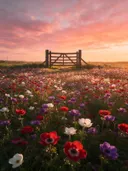 Landschapsfoto van anemoon bij de zonsondergang, met een houten poort bij de ingang van het veld