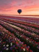 Landschapsfoto van anemoon bij de zonsondergang, met een luchtballon boven de horizon