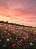 Landschapsfoto van anemoon bij de zonsondergang, met zwaluwen laag over de bloemen