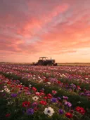 Landschapsfoto van anemoon bij de zonsondergang, met een oude tractor