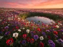 Landschapsfoto van anemoon bij de zonsondergang, met een kikker op een blad