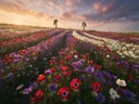 Landschapsfoto van anemoon bij het gouden uur, met twee uilen op een paal
