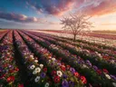 Landschapsfoto van anemoon bij het gouden uur, met een bloesemboom