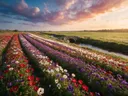 Landschapsfoto van anemoon bij het gouden uur, met een stenen bruggetje